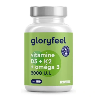 Image de Oméga 3 (1000mg) avec Vitamine D3 (2000 UI) + K2 100 µg, 90 Gélules, Huile de Poisson (400mg d&#039;EPA et 300mg DHA) Fortement Dosée, Vit Cholécalciférol MK7, Sans Arômes Additifs