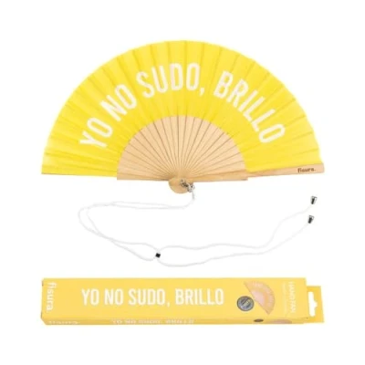 Image de Éventail original avec message &quot;Yo no sudo, brillo&quot;. en bois moderne et amusant. jaune. Mesures : 42,5 x 23 cm