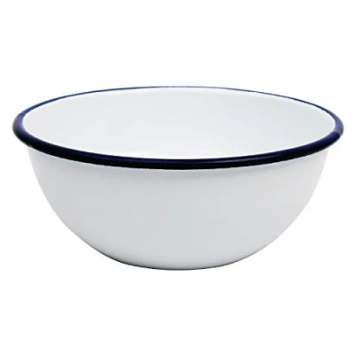 Image de Olympia Bol en acier émaillé, 155 mm (lot de 6), blanc avec bord bleu, passe au lave vaisselle, four, vaisselle camping, salle à manger rustique, usage professionnel et domestique, GM514
