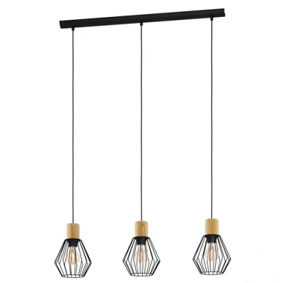 Image de Eglo Suspension Palmorla, luminaire suspendu à trois lumières de style vintage, industriel et rétro, en acier bois noir, lampe table manger certifiée FSC, douille E27