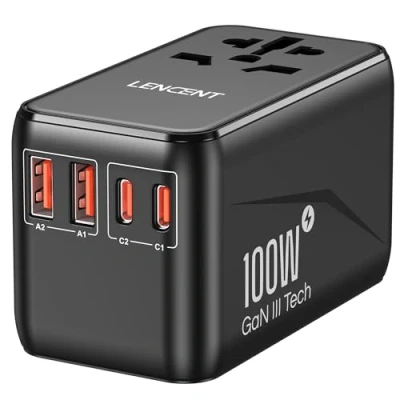 Image de LENCENT Adaptateur de Voyage Universel GaN3 100W Chargeur International avec 2 QC4,0 USB &amp; PD3,0 Type C PPS Charge Rapide Mondial A G I Prise USA UK Canada EU AUS Thaïlande Blanc