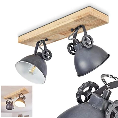 Image de Plafonnier Svanfolk en bois et métal gris patiné, 2 spots de plafond pivotants style rétro industriel, idéals dans un salon vintage, pour ampoules E14, ampoule(s) non incluse(s)