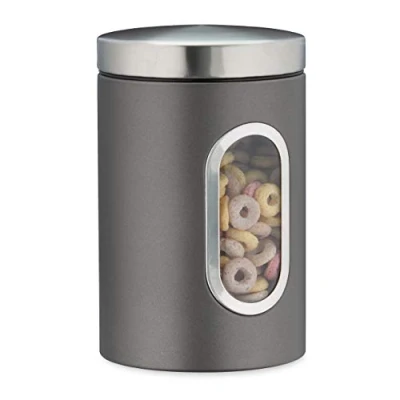 Image de Relaxdays 2X bocaux en métal, Couvercle, fenêtre de visualisation, 1,4L, café, Farine, pâtes, boîte Conservation, Gris