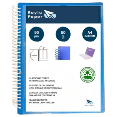 Image de Raylu Paper® Classeur à anneaux avec pochettes transparentes A4 de 90 microns et enveloppe fermeture Velcro, couvercle personnalisable. Dossier 100% biodégradable (50 bleu)