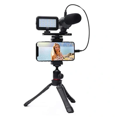 Image de Movo iVlogger Kit pour iPhone : de Vlogging Compatible avec Lightning Accessoires Microphone Directionnel, Lumière LED, Trépied téléphone et Support Youtube