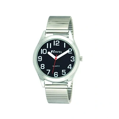 Image de Ravel Montre Femme à Bracelet Extensible en Acier Inoxydable avec Super Grands Chiffres et Aiguilles Ton argenté/Cadran Noir