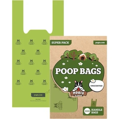 Image de Sacs Pogi&#039;s pour Déjections Canines 300 non parfumés avec des Poignées Faciles à Attacher Grands, Biodégradables, Etanches