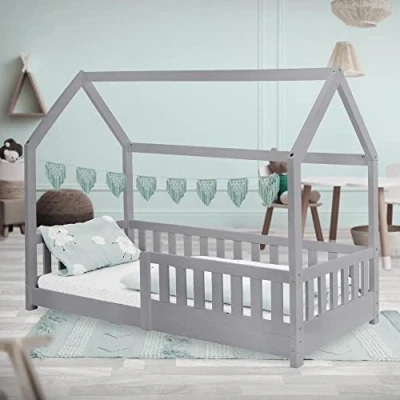 Image de ML Design Lit d&#039;enfant en Bois de Pin Massif Gris Clair, 160x80 cm, Protection Contre Les Chutes, Toit et Sommier á Lattes, Maison Filles/Garçons 3 à 10 Ans, Stable, Robuste, Jusqu&#039;à 120 kg