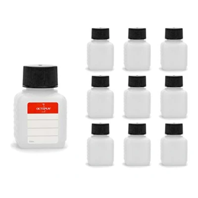 Image de Octopus Bouteilles en Plastique 10 x 50 ML, PE HD avec Bouchon à vis de Noire, vides Bouchons carrées. Dix étiquettes incluses.