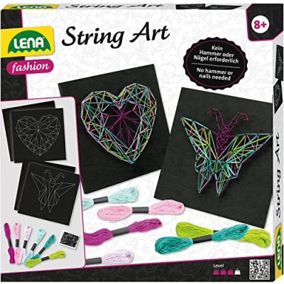 Image de Lena 42650 Set d&#039;artisanat String Art Papillon et Coeur, Complet pour 2 Images de Fils tendus, avec plaques Base, épingles 6 colorés, Enfants à partir 8 Ans Multicolore