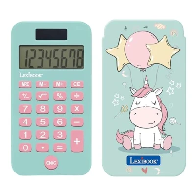 Image de Lexibook, Licorne, Calculatrice de Poche avec Couvercle Protection, Fonctions Classiques et évoluées, à Piles Solaire, Bleu/Rose, C45UNI