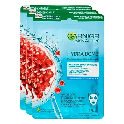 Image de 3 x Garnier SkinActive Hydra Bomb Masque Visage en Tissu Super Hydratant et Repulpant avec Grenade Acide Hyaluronique