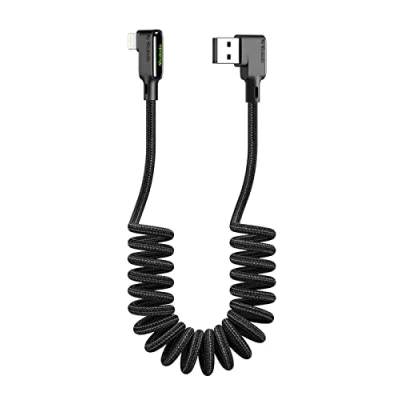 Image de mcdodo court cable iphone Coude 90 degrés Compatible avec 14 13 12 11 X XR/iOS Câble spirale pour Peut être étendu de 0,3 m à 1,8