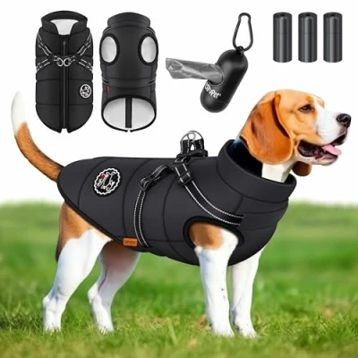 Image de Lovpet® Manteau pour Chien avec Harnais, 45 Sacs à déjections Canines + Distributeur, Gilet d&#039;hiver doublé imperméable rembourré Sangle de Poitrine, réflecteurs, Anneau en D, Taille 5XL, Noir