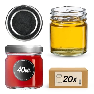 Image de KADAX Lot de 20 mini bocaux en verre Weck, 40 ml, ronds, avec couvercle à visser, pour dégustation, confiture, miel, couvercles argentés