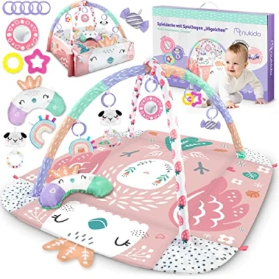 Image de Nukido 3en1 Tapis d&#039;Éveil Interactif pour Bébés, Enfants de Jeux Éducatif et Bilatéral 110x100 cm 7 Jouets Multifonctionnels avec Coussin Minky Miroir