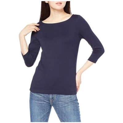 Image de Amazon Essentials T Shirt Col Bateau Uni Coupe Ajustée à Manches 3/4 Femme, Bleu Marine, L
