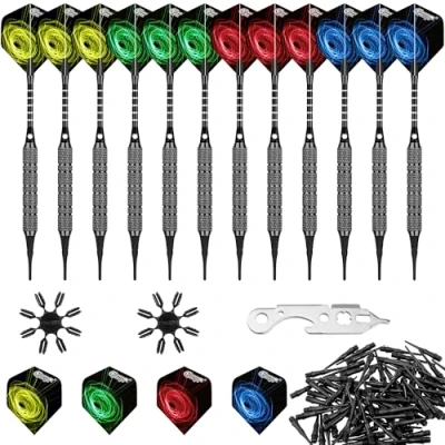 Image de CyeeLife 12 Flechette Pointe Plastique 18g,16 Empennages+12 Porte empennages+100 Pointes+Outils