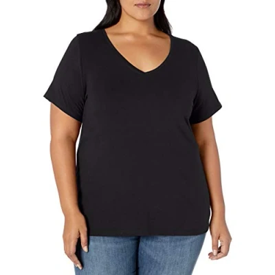 Image de Amazon Essentials T shirt À Manches Courtes et Col En V, Grande taille Femme, Noir, 6XL