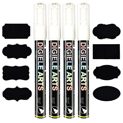 Image de DIGIELE Marqueur Craie, Feutre Craie Liquide Blanc 3mm, Pointe Réversible Ogive Fine ou Biseau, Effaçage avec Chiffon Humide Sec, Pack de 4 Feutres Effacable Stylo 16 Etiquettes