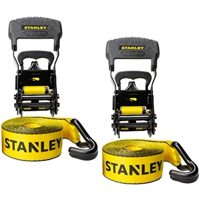 Image de Stanley S1007 Lot de 2 Sangles d&#039;arrimage à cliquet 3,8 cm x 4,9 m Charge Travail sûre 0,5 kg/résistance la Rupture 1,5 kg Noir/Jaune