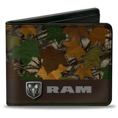 Image de Buckle Down Portefeuille à Deux Volets en polyuréthane pour Homme Logo RAM Motif Feuille Marron Camouflage Vert/argenté Multicolore 10,2 x 8,9 cm