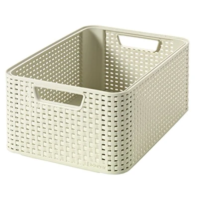 Image de CURVER Panière de Rangement 18L en avec un Design Rotin Tressé pour Salle Bain, Chambre, Bureau Poignées Ergonomiques Ivoire