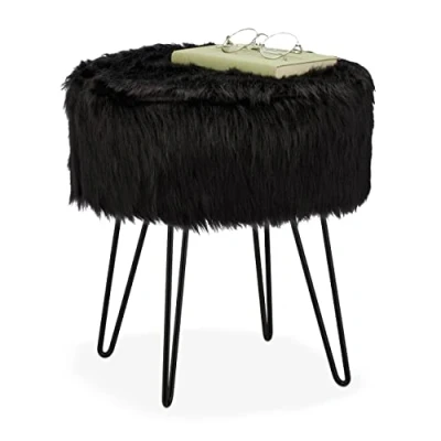 Image de Relaxdays Tabouret Fourrure, Pouf matelassé, Longs Poils, Structure en métal, pour Coiffeuse, HxD : 41x37 cm, Noir