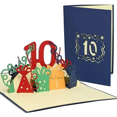 Image de LINPOPUP®, LIN17753, Pop Up 3D cartes anniversaire 10 ans, Up, carte de vœux 10e anniversaire, bleu, N395