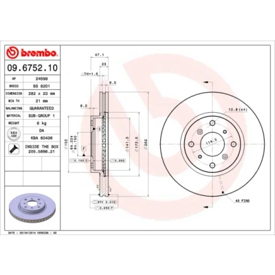 Image de BREMBO 09.6752.10 Disque de frein 282 23 4 ventilé l&#039;intérieur avec vis/boulons HONDA: PRELUDE 4, CIVIC 6 Hatchback, Fastback