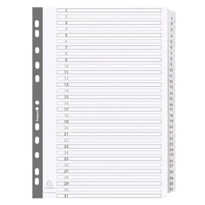Image de Exacompta Réf. MWD1 31Z Carton de 10 Intercalaires en carte blanche 160g/m2 FSC® avec 31 onglets imprimés numériques 1 à et plastifiés Page d&#039;indexation imprimable Format classer A4