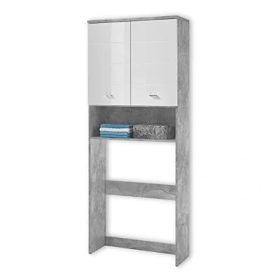 Image de Stella Trading POOL Armoire pour machine à laver en aspect béton, blanc Etagère moderne avec espace de rangement &amp; place la 76 x 190 31 cm (L/H/P)