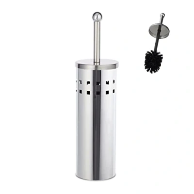 Image de Relaxdays Brosse WC Ronde, Porte Brosse, échangeable, Autonome, en Acier Inoxydable, argenté/Noir