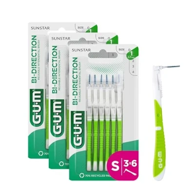 Image de Brossette Interdentaire GUM® BI DIRECTION/Tête Orientable en 2 positions (90 &amp; 180) / Elimine 25% de plaque plus 0.7 mm/Pack 3 x 6 unités, Vert, Blanc