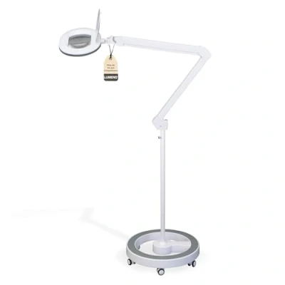 Image de Lumeno 8615GR Lampe loupe avec grande lentille ovale 110x150 mm, 60 LED à intensité variable sur 2 niveaux, parfaite comme aide la lecture, pour cosmétique, 5 dioptries gris trépied roulant
