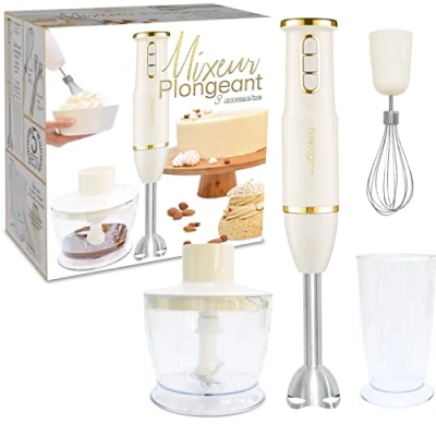 Image de SCRAP COOKING Mixeur Plongeant Multifonctions 3 en 1 : Blender, Fouet &amp; Hachoir Électrique Mixer Batteur Plongeur avec Accessoires Pour Pâtisseries, Crèmes, Smoothies, Sauces Mat Doré 3889