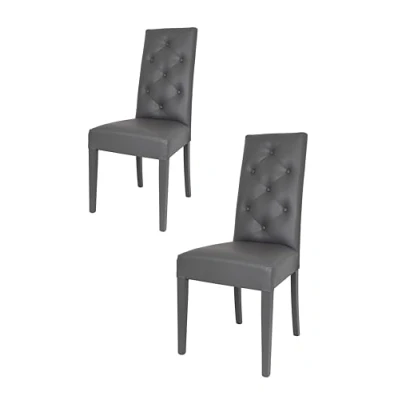 Image de Tommychairs Set 2 chaises CHANTAL pour cuisine et salle à manger, structure en bois de hêtre peindré gris foncé, assise dossier rembourrés revêtus cuir artificiel foncé avec boutons