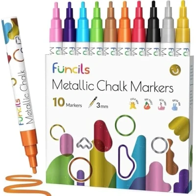 Image de Funcils marqueurs Craie Liquide Métallique pour tableaux, fenêtres, étiquettes, bistro, verre, voiture (10 Pack, 3mm) Encre effaçable à l&#039;eau, pointe réversible, tableau noir
