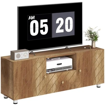 Image de Meuble TV banc HOMCOM pour téléviseur jusqu&#039;à 50 pouces 2 placards et compartiment ouvert tiroir bois naturel