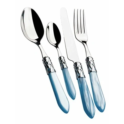 Image de BUGATTI, Aladdin, Ensemble de Couverts 24 pièces en Acier Inoxydable 18/10, Anneau chromé et Manche Bleu Clair Effet Nacre. Set 6 Personnes: cuillères, fourchettes, Couteaux, cuillères à café