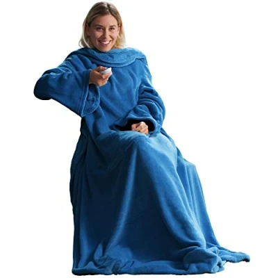 Image de CelinaTex Couverture TV avec Manches et Poche pour Les Pieds Moelleuse XL 170 x 200 cm Bleu Microfibre Fleece Soft Oeko TEX
