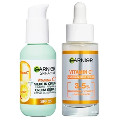 Image de Garnier Sérum Visage Anti Imperfections à la Vitamine C et l&#039;Acide Salicylique Effet Éclaircissant Lissant 30ml + Crème Éclaircissante SPF 25 50ml 2 Produits
