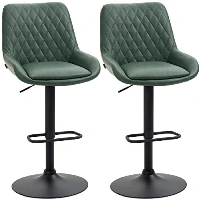 Image de HOMCOM Lot de 2 tabourets Bar en Similicuir, chaises Bar, Hauts, Hauteur réglable, pivotant à 360, avec Dossier et Repose Pieds, piètement Acier, Vert foncé