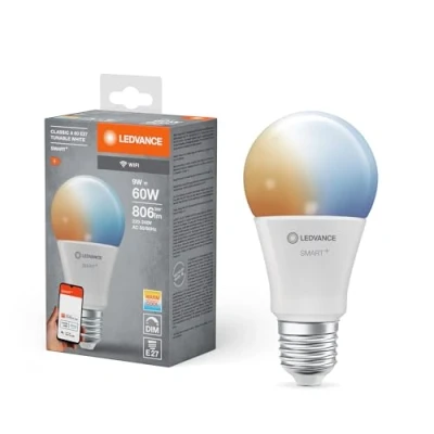Image de LEDVANCE SMART+ WIFI LED lamp, white frosted look, 9W, 806lm, classic bulb shape with E27 base, adjustable light, dimmable, app or voice control, life of up to 20,000 hours