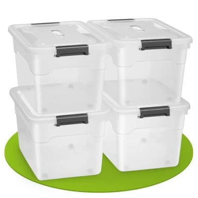 Image de Juskys Boîte de rangement avec couvercle ensemble 4 boîtes en plastique 60 l grande boîte, empilable, transparente système