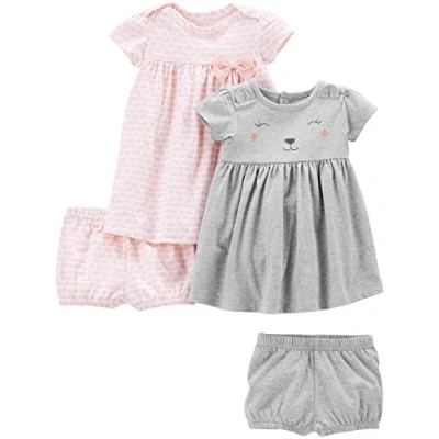Image de Simple Joys by Carter&#039;s Ensemble de Robes Sans Manches et à Courtes Bébé Fille, Lot 2, Gris Imprimé Ours/Rose Éléphants, 0 mois