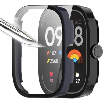 Image de Msiall [2 pièces noir bleu avec Film de protection d&#039;écran en verre trempé pour redmi watch 4, étui PC dureté 9H, pare chocs, complet mince Smart 4