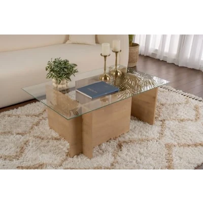 Image de Table basse design Azar L105cm Bois clair et Verre Transparent Menzzo