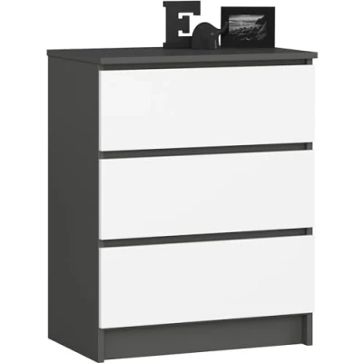 Image de AKORD Commode K60 avec 3 tiroirs Classique pour La Chambre, Salon Meuble de Rangement L60 x H77 P40 cm Poids 25 kg Gris Graphite Blanc