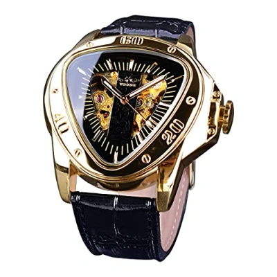Image de Winner Fashion montre bracelet mécanique triangulaire cadran de course étanche squelette doré mouvement automatique en cuir pour homme, Noir/doré, Style décontracté